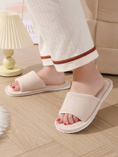 شبشب نسائي من الكتان بلون بيج ورأس مفتوح ونعل ناعم للسكن ومضاد للانزلاق