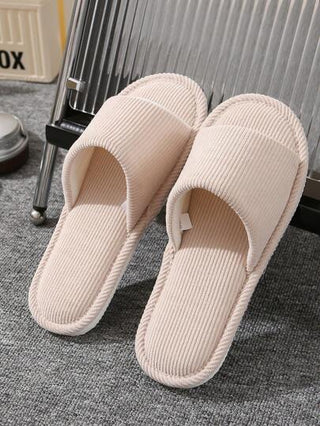 شبشب نسائي من الكتان بلون بيج ورأس مفتوح ونعل ناعم للسكن ومضاد للانزلاق