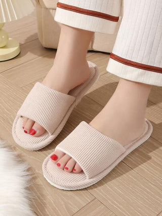 شبشب نسائي من الكتان بلون بيج ورأس مفتوح ونعل ناعم للسكن ومضاد للانزلاق