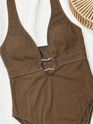 مايوه حريمي قطعة واحدة Swim SXY بدلة سباحة قطعة واحدة للنساء للاستخدام اليومي على الشاطئ، مزينة بأشكال حلقية معدنية، قطعة واحدة بارتداء علوي بوهيمي مجعد