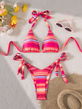 طقم تانكيني حريمي Swim Mod مجموعة ملابس سباحة للسيدات مكونة من ملابس علوية مع ربطة خلفية وأسفل بربطة جانبية على الخصر، مطبوعة بنقشة أومبير