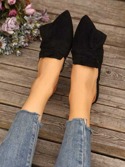 أحذية موكاسين أنيقة وعملية ذات ظهر مفتوح جزئيًا ، بأصبع قدم مدبب وزخرفة فيونكة ، أحذية شقة ذات كعب مغلق مناسبة للنساء لجميع الفصول