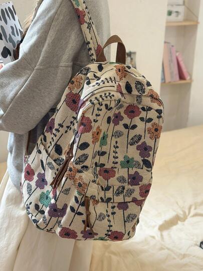 حقيبة ظهر نسائية بتصميم زهري كلاسيكي، بتصميم بسيط، سعة كبيرة