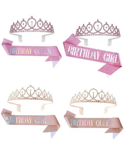 2 قطعة شريط رأس أنيق لحفلة عيد الميلاد للبنات ، طقم إكسسوارات شعر تاج وردي ذهبي مزين بالراين ستون