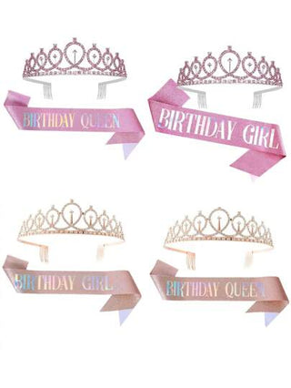 2 قطعة شريط رأس أنيق لحفلة عيد الميلاد للبنات ، طقم إكسسوارات شعر تاج وردي ذهبي مزين بالراين ستون