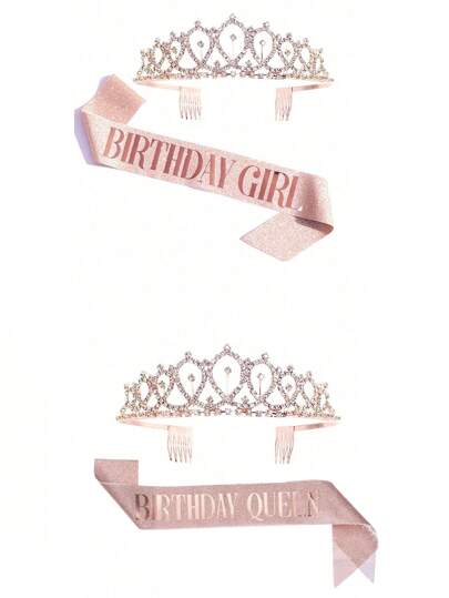 2 قطعة شريط رأس أنيق لحفلة عيد الميلاد للبنات ، طقم إكسسوارات شعر تاج وردي ذهبي مزين بالراين ستون