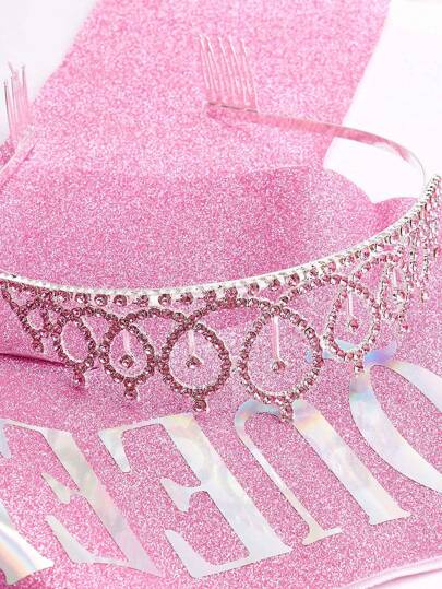 2 قطعة شريط رأس أنيق لحفلة عيد الميلاد للبنات ، طقم إكسسوارات شعر تاج وردي ذهبي مزين بالراين ستون