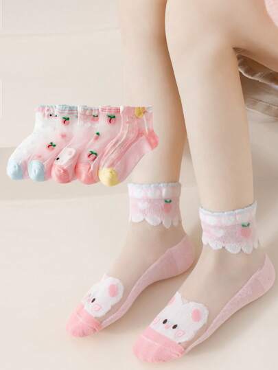 5 أزواج من الجوارب الوردية المزينة بالدانتيل الكرتوني للأطفال