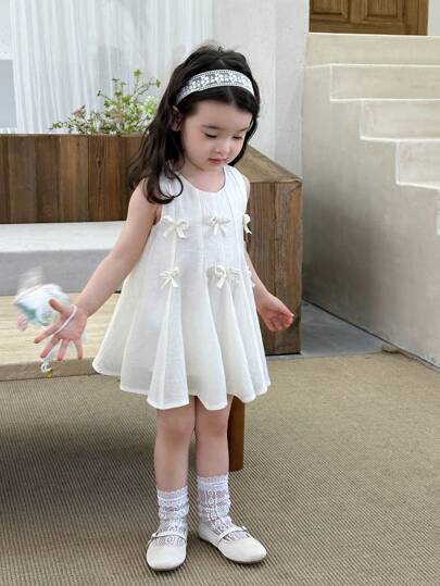 فساتين بيبي فستان حريمي أطفال قصير بياقة دائرية بلا أكمام باللون المشمشي، خفيف الوزن مناسب للاستخدام اليومي , الشاطئ ,العطلات