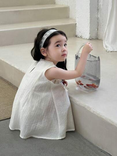 فساتين بيبي فستان حريمي أطفال قصير بياقة دائرية بلا أكمام باللون المشمشي، خفيف الوزن مناسب للاستخدام اليومي , الشاطئ ,العطلات