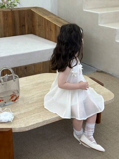 فساتين بيبي فستان حريمي أطفال قصير بياقة دائرية بلا أكمام باللون المشمشي، خفيف الوزن مناسب للاستخدام اليومي , الشاطئ ,العطلات