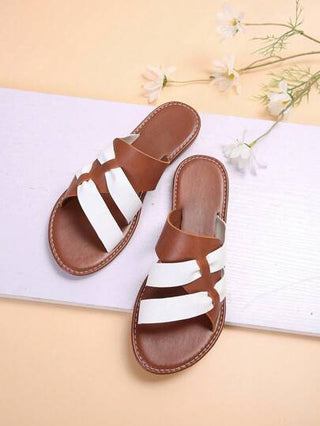 صندل كاجوال بمقاسات كبيرة للنساء، مريح، بنمط بسيط برؤوس مدورة، بلونين متباينين، شكل شبكي متقاطع، رياضي، أنيق، بطابع صيفي وشاطئي