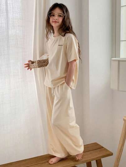 بيجاما DAZY طقم لبس منزلي قصير الأكمام مطبوع بحرف للفتيات المراهقات, جاكيت مع بنطال,فصل الربيع/الصيف