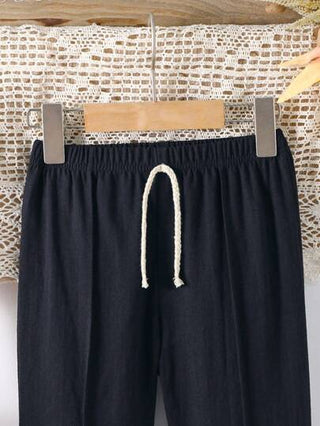 SHEIN بناطيل طويلة معمل للأولاد الصغار عادي ناعم ذات رباط، طراز الريف للربيع والصيف
