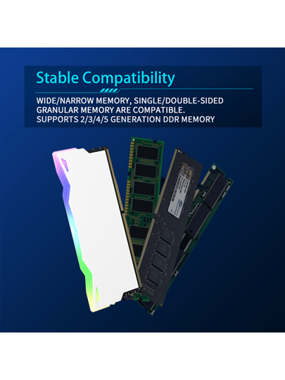 قميص تبريد، قميص تبريد وحدة الذاكرة. مصنوع من سبيكة الألومنيوم. ARGB، وبالتالي ينشر الحرارة الصادرة عن بطاقة الرسومات بالكامل، مناسب للكمبيوتر للألعاب الفعالة والكبيرة. 1 قطعة