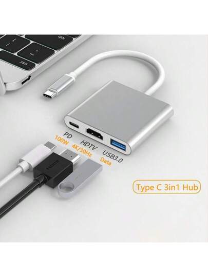 محول نوع C إلى HDTV 3 في 1، إخراج 4K HDTV، شحن سريع PD 100W نوع C، محول نقل بيانات USB 3.0