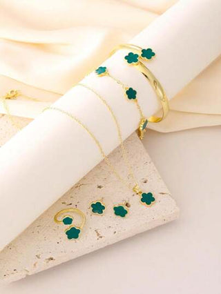 طقم مجوهرات بأسلوب أوروبي وأمريكي شعبي بأوراق البرسيم الخمسة - عقد، خاتم، سوار، أقراط، قلادة بتصميم قطرات الزيت الملون ذات البرسيم البسيط والإكسسوارات