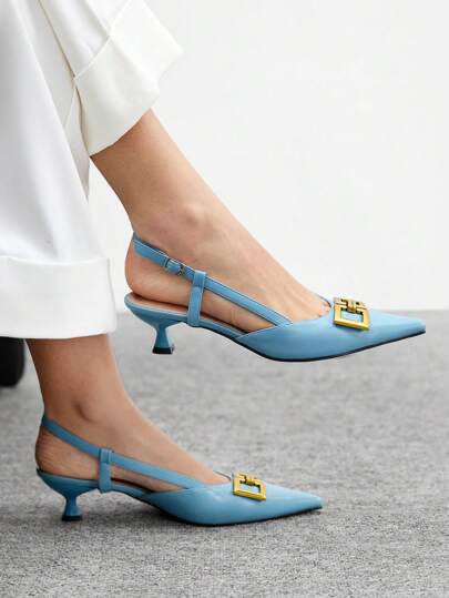 CUCCOO BIZCHIC أحذية بكعب قطة للنساء، بتصميم مدبب وناقص الظهر، بسلسلة، مناسبة للتنقل اليومي