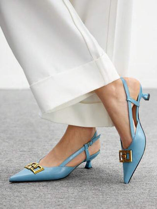 CUCCOO BIZCHIC أحذية بكعب قطة للنساء، بتصميم مدبب وناقص الظهر، بسلسلة، مناسبة للتنقل اليومي