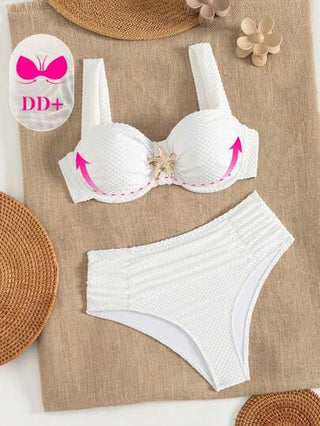 Swim DD+ طقم ملابس سباحة نسائية مكون من ملابس علوية قطعة بي كيني بفتحة والكأس الحجم DD+ وبنمط نجمة البحر على ذي موحد اللون والكاوتشوك المزخرف وأسفل قطعة سباحة عالية الخصر، مجموعة قطعتين