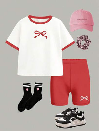 girls-sets طقم من قميص نصف كم قصير وشورت، بتصميم بسيط عصري مناسب للفتيات المراهقات، للارتداء في الصيف