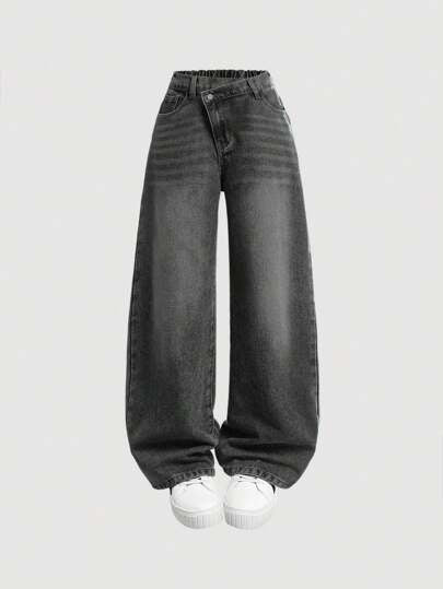 SHEIN Girlism بناطيل جينز واسعة الساق عتيقة غير متماثلة الخصر مغسولة بطراز ريترو لفتيات في مرحلة المراهقة، ملابس خريفية للبنات للعودة إلى المدرسة