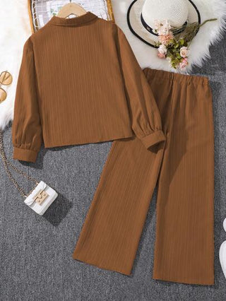 تيشيرتات بناتي طقم بنطلون ولباس علوي كم طويل مع طوق للبنات (مقاسات كبيرة) ، طراز جديد للخريف ، قطعتان