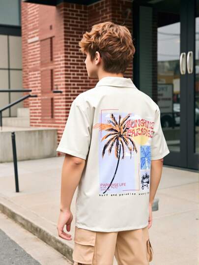 قميص صيفي عادي بطبعة شجرة النخيل على الشاطئ بتصميم كلاسيكي للأولاد، مناسب للإجازة الصيفية قطعة واحدة