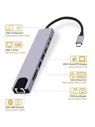 موزع USB C، محول 8 في 1 مع منفذ USB C، 4K HD، شحن 100 وات، منفذ USB 3.0، RJ45 إيثرنت، قارئ بطاقات SD/TF، محطة إرساء متوافقة مع أجهزة MacBook Pro/Air وأجهزة الكمبيوتر المحمولة الأخرى بنوع C