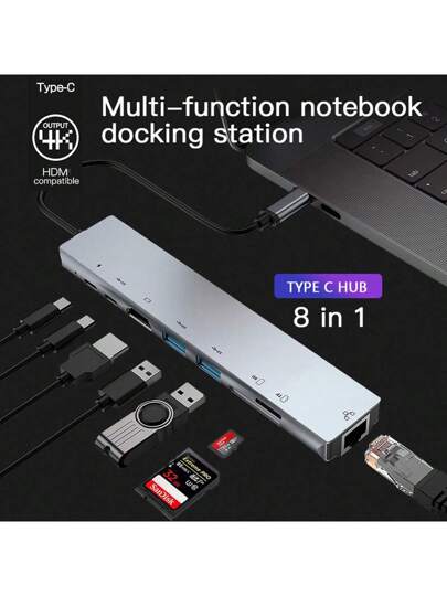 موزع USB C، محول 8 في 1 مع منفذ USB C، 4K HD، شحن 100 وات، منفذ USB 3.0، RJ45 إيثرنت، قارئ بطاقات SD/TF، محطة إرساء متوافقة مع أجهزة MacBook Pro/Air وأجهزة الكمبيوتر المحمولة الأخرى بنوع C