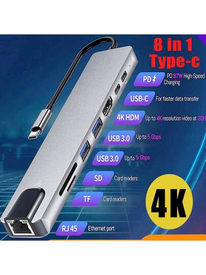 موزع USB C، محول 8 في 1 مع منفذ USB C، 4K HD، شحن 100 وات، منفذ USB 3.0، RJ45 إيثرنت، قارئ بطاقات SD/TF، محطة إرساء متوافقة مع أجهزة MacBook Pro/Air وأجهزة الكمبيوتر المحمولة الأخرى بنوع C