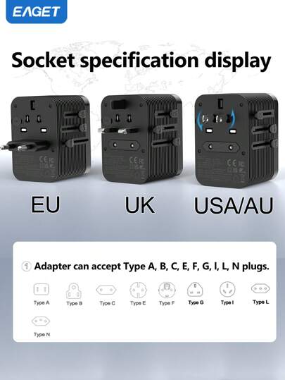محول سفر عالمي، شحن سريع 20 وات، محول طاقة دولي 3 أمبير، 2 منفذ USB-A و2 منفذ USB-C، شاحن جداري متعدد المنافذ لأمريكا الشمالية وأوروبا والمملكة المتحدة وأستراليا وآسيا وأكثر من 200 دولة