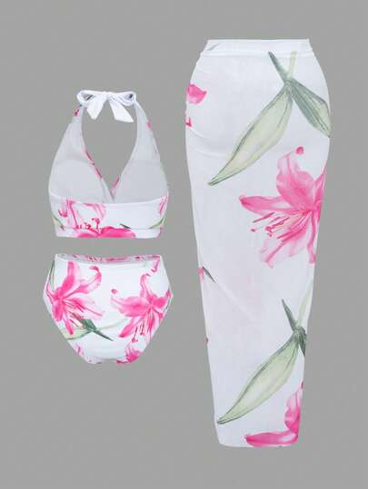 Swim Oasis مجموعة بدلة سباحة أنيقة للمرأة كبيرة الحجم، 3 قطع، طبعات رقمية عشوائية، حماله رقبة, للاستخدام اليومي في المسبح والشاطئ