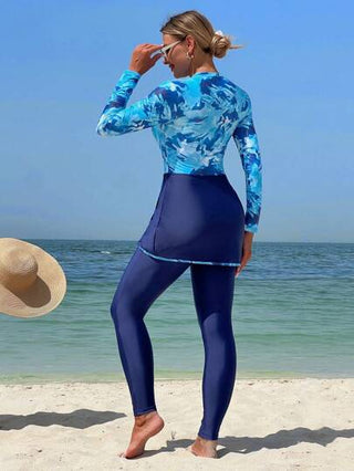 طقم تانكيني حريمي Swim Mulvari فستان تغطية متحفظ للسيدات بأكمام وأرجل طويلة بطبعة زرقاء داكنة للاستخدام المنفصل كتانكيني على الشاطئ أو المنتجع