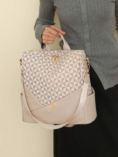 حقيبة ظهر سعة كبيرة للنساء بنقشة معين ، قطع غرز، مناسبة للطلاب والأمهات