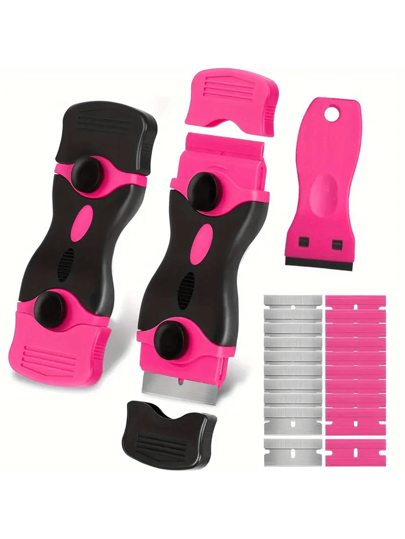 SOKANY 1 مجموعة أدوات تنظيف متعددة الوظائف، منها: ملاية إزالة الغراء، ملاية زجاجية، أداة تلميع السيارات.1 مكشطة ذات رأسين وردية + 10 شفرات معدنية + 10 شفرات بلاستيكية. مناسبة لتنظيف الأرضيات، ملصقات الزجاج، تعقيم المطبخ، فواصل الجمال، ديكور المنزل،...