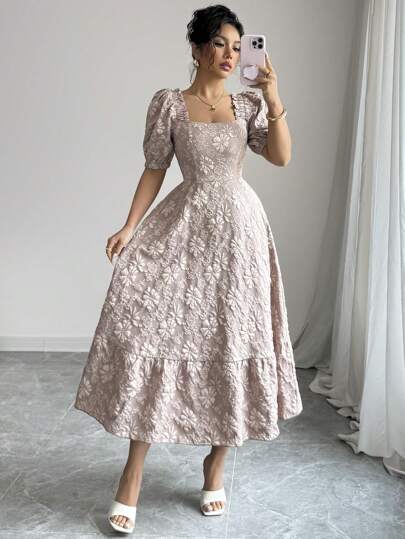 Elenzga فستان كاجوال/ للإجازة للنساء، قصير بلون أحادي، نمط الزهور الصغيرة المنسوجة، قصات متناسقة للخصر وأكمام منتفخة