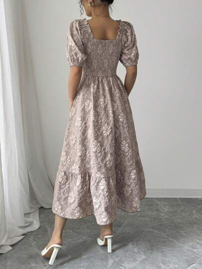 Elenzga فستان كاجوال/ للإجازة للنساء، قصير بلون أحادي، نمط الزهور الصغيرة المنسوجة، قصات متناسقة للخصر وأكمام منتفخة