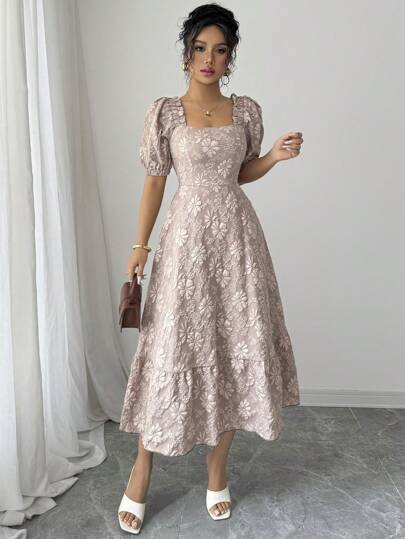 Elenzga فستان كاجوال/ للإجازة للنساء، قصير بلون أحادي، نمط الزهور الصغيرة المنسوجة، قصات متناسقة للخصر وأكمام منتفخة