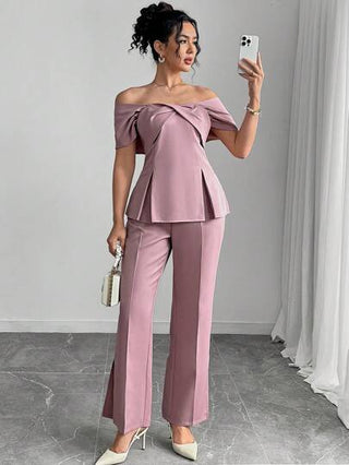 Modelyn العيد طقم ملابس علوية أنيقة بتصميم الكتف المنكشف وبنطلون طويل من قطعتين للسيدات
