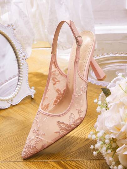 CUCCOO HITCHD كعب عالي بنعل رفيع مطرز بالدانتيل ذو أصبع مدبب للصيف الجديد، مضخة أنيقة رومانسية بشبكة دانتيل وردية فاتحة للنساء، أحذية لحفلات الزفاف والحفلات الرسمية