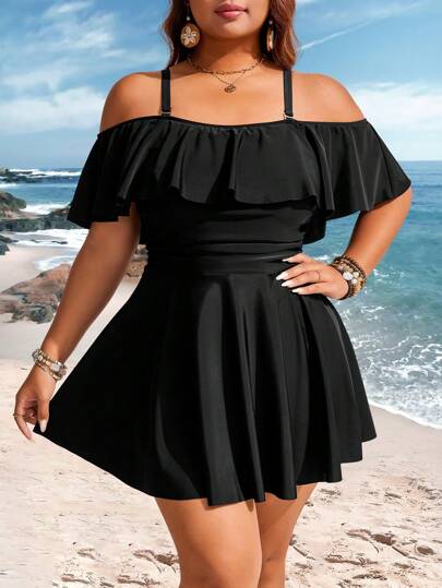 Swim Lushoire رقبة عريضة المرأة المقاسات الكبيرة اللون أحادي الكتف متجعد للعطلات ملابس علوية تانكيني