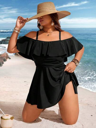 Swim Lushoire رقبة عريضة المرأة المقاسات الكبيرة اللون أحادي الكتف متجعد للعطلات ملابس علوية تانكيني