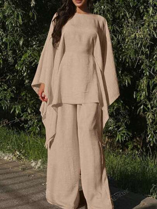 طقم حريمي قطعتين مجموعة فضفاضة من قطعتين للنساء ذات ياقة مجمعة والأكمام مجنحة، بتصميم أنيق وكاجوال للمناسبات