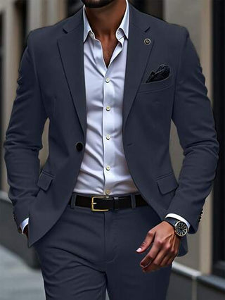 Manfinity Mode بدلة رجالية كاجوال أعمال بسيطة تشمل جاكيت بياقة بتقصيلات ومجموعة بنطلون