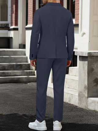 Manfinity Mode بدلة رجالية كاجوال أعمال بسيطة تشمل جاكيت بياقة بتقصيلات ومجموعة بنطلون