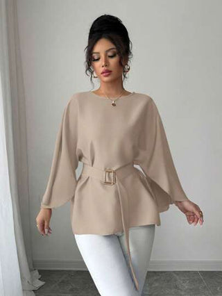 Gloray بلوزة نسائية ذات أكمام خفافيش وياقة دائرية على الطريقة الفرنسية، لها ربطة بالخصر، ذات لون أحمر براق، لفصلي الربيع والصيف