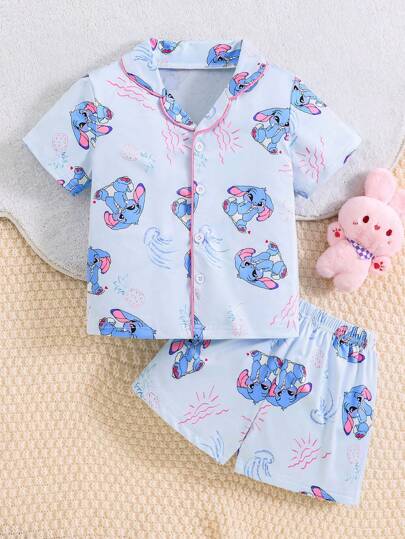 بيجاما بنات طقم منزلي كاجوال قصير الأكمام سروال وقميص مطبوع برسمة أرنب ذو أذنين متدلية باللون الأزرق 2 قطعة