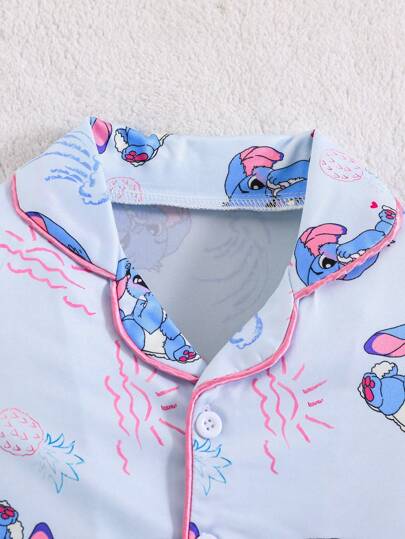 بيجاما بنات طقم منزلي كاجوال قصير الأكمام سروال وقميص مطبوع برسمة أرنب ذو أذنين متدلية باللون الأزرق 2 قطعة