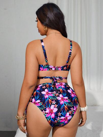 Swim Lushoire مجموعة بكيني مطبوع بطبعات استوائية، مقاس كبير للنساء، لأجواء عطلة الشاطئ العادية